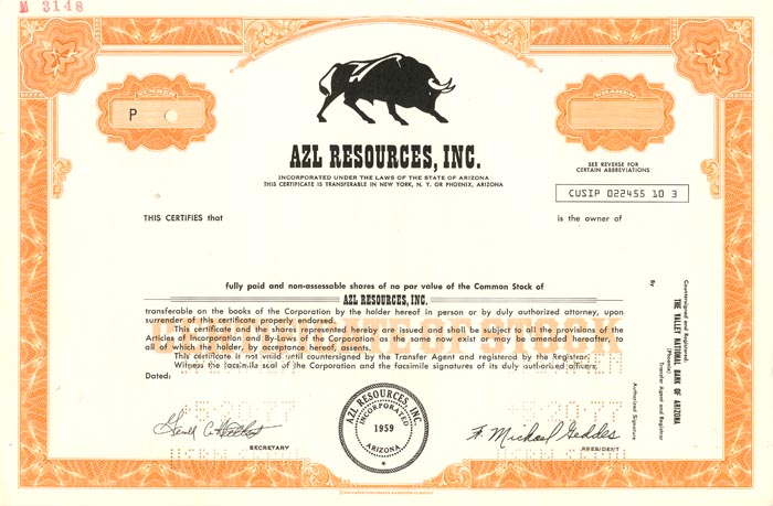 AZL Resources, Inc. - Stock Certificate